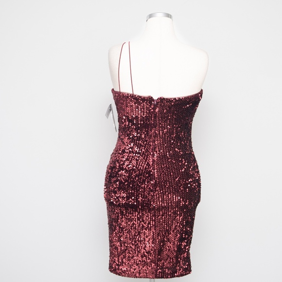 Betsy & Adam One Shoulder Burgundy Sequin Cocktail Dress - Picture 4 of 10